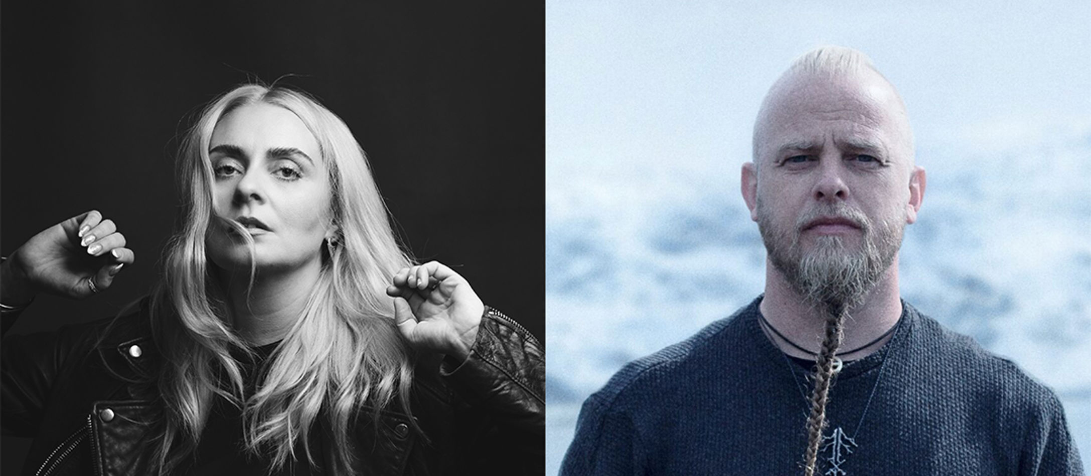 En moderne kvinde og en vikinge-mand i to adskilte billeder fra DR's store tema om vikinger.