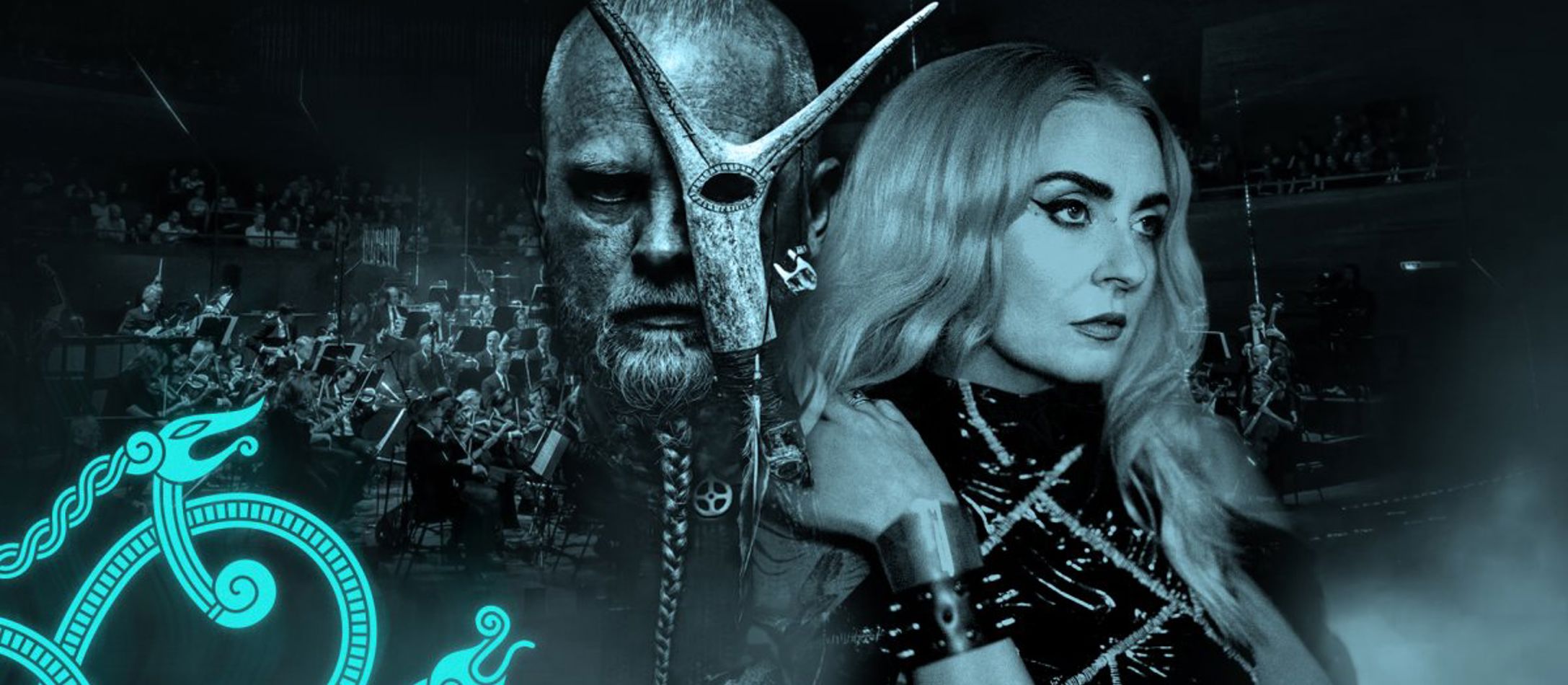 DR’s store tema om vikingetiden med to vikinger i dæmpet belysning foran orkester klippet ind i baggrunden.