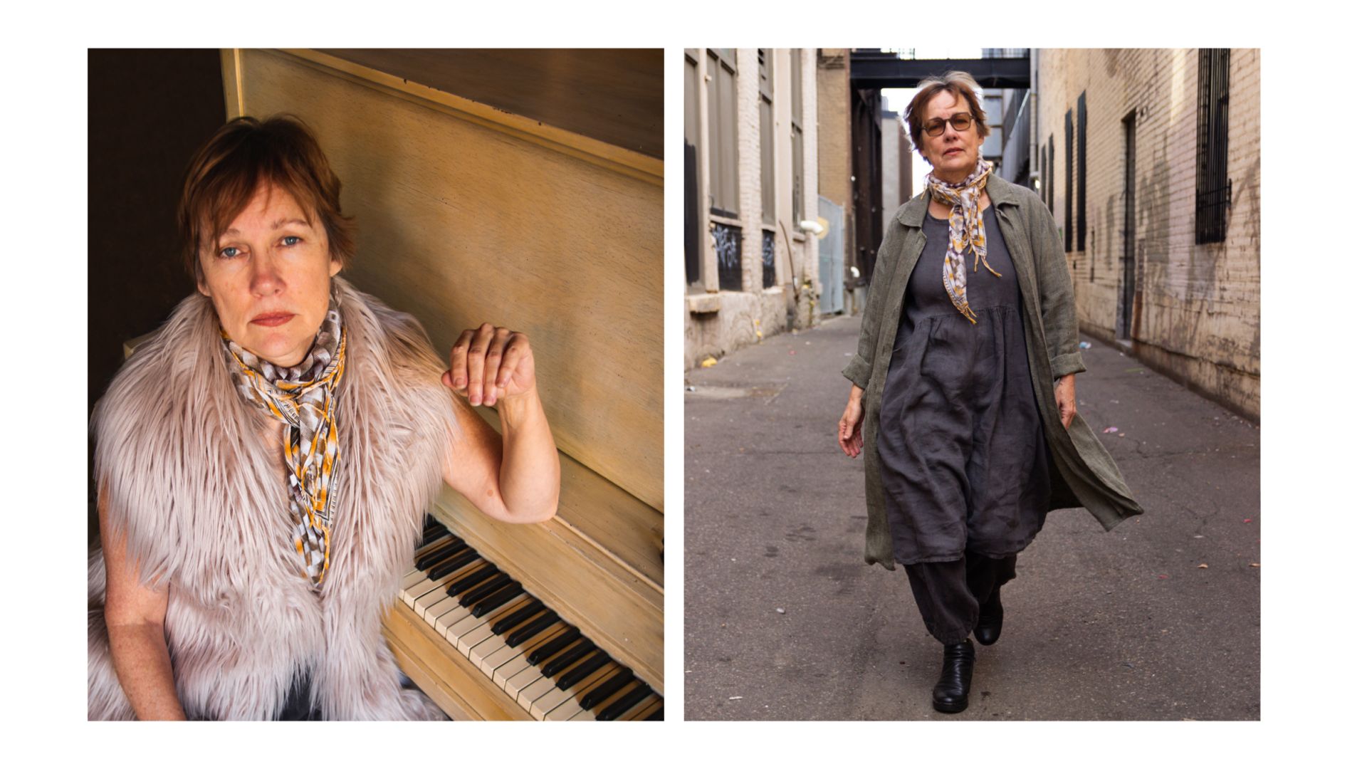 Den amerikanske singersongwriter Iris DeMent foran et klaver iført bluse af fjer. 